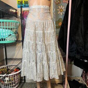 Vintage Fairycore Silver Floral Lace Tiered Midi Skirt
